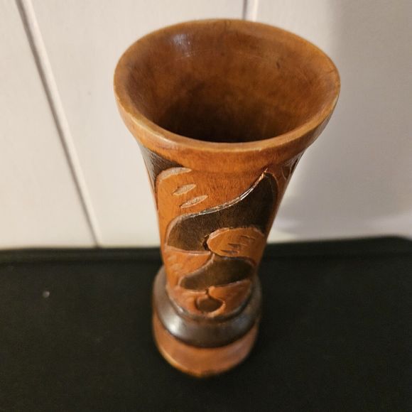 Vintage Hand Carved Wooden Vase Bohemian Mid-century Modern 8" Two-tone - Picture 14 of 16